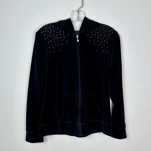 Style & Co Sport Black Velour Rhinestone Embellished Zip Up Hoodie Y2k Size M